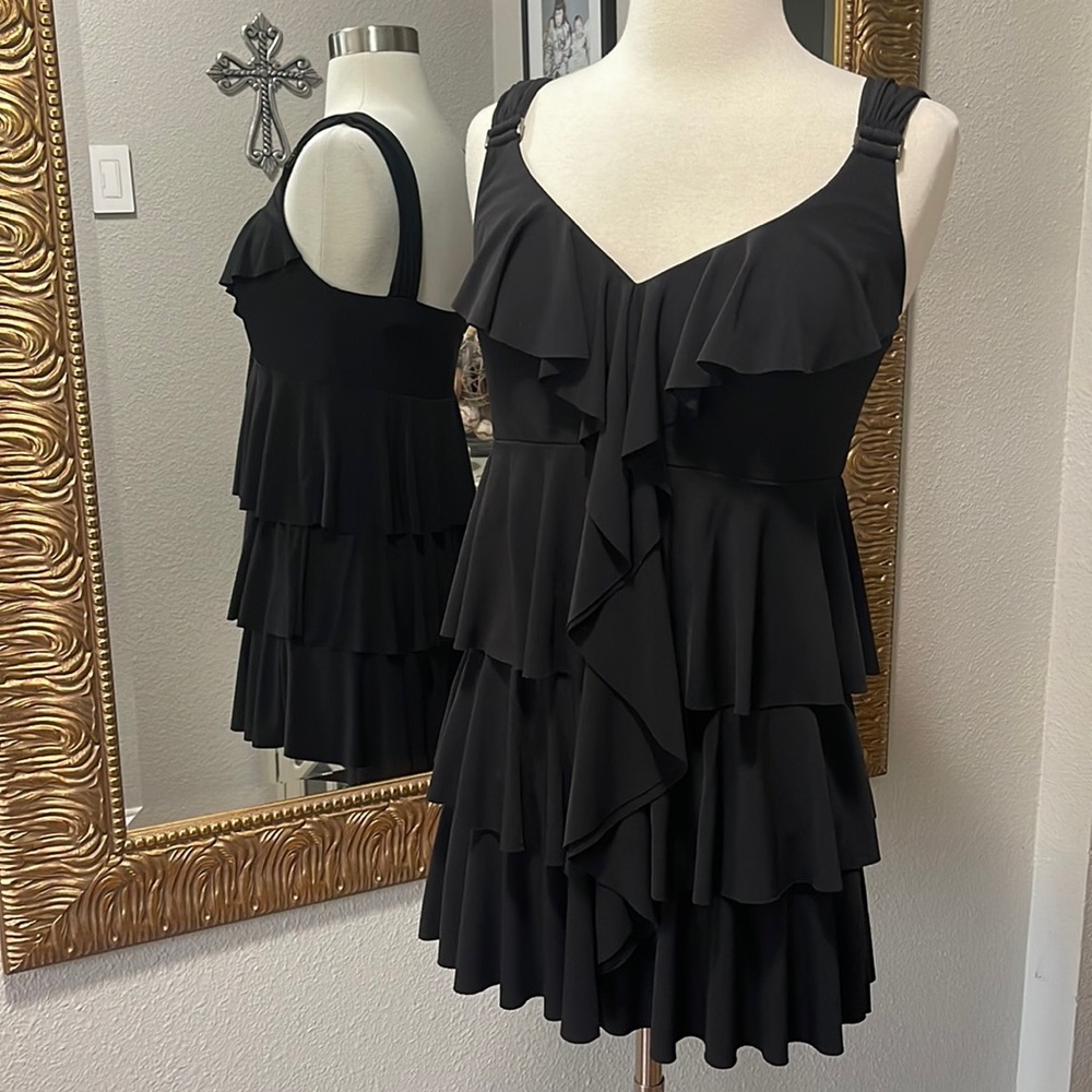Cache Black Ruffle Tiered Sleeveless Blouse